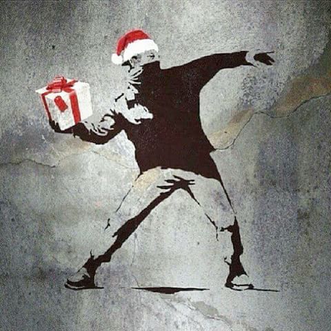 Stencil figure throwing a gift-wrapped present